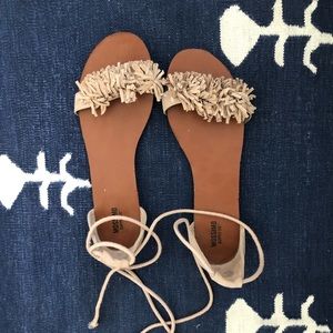 Mossimo tan fringe/ruffle sandal with ankle tie